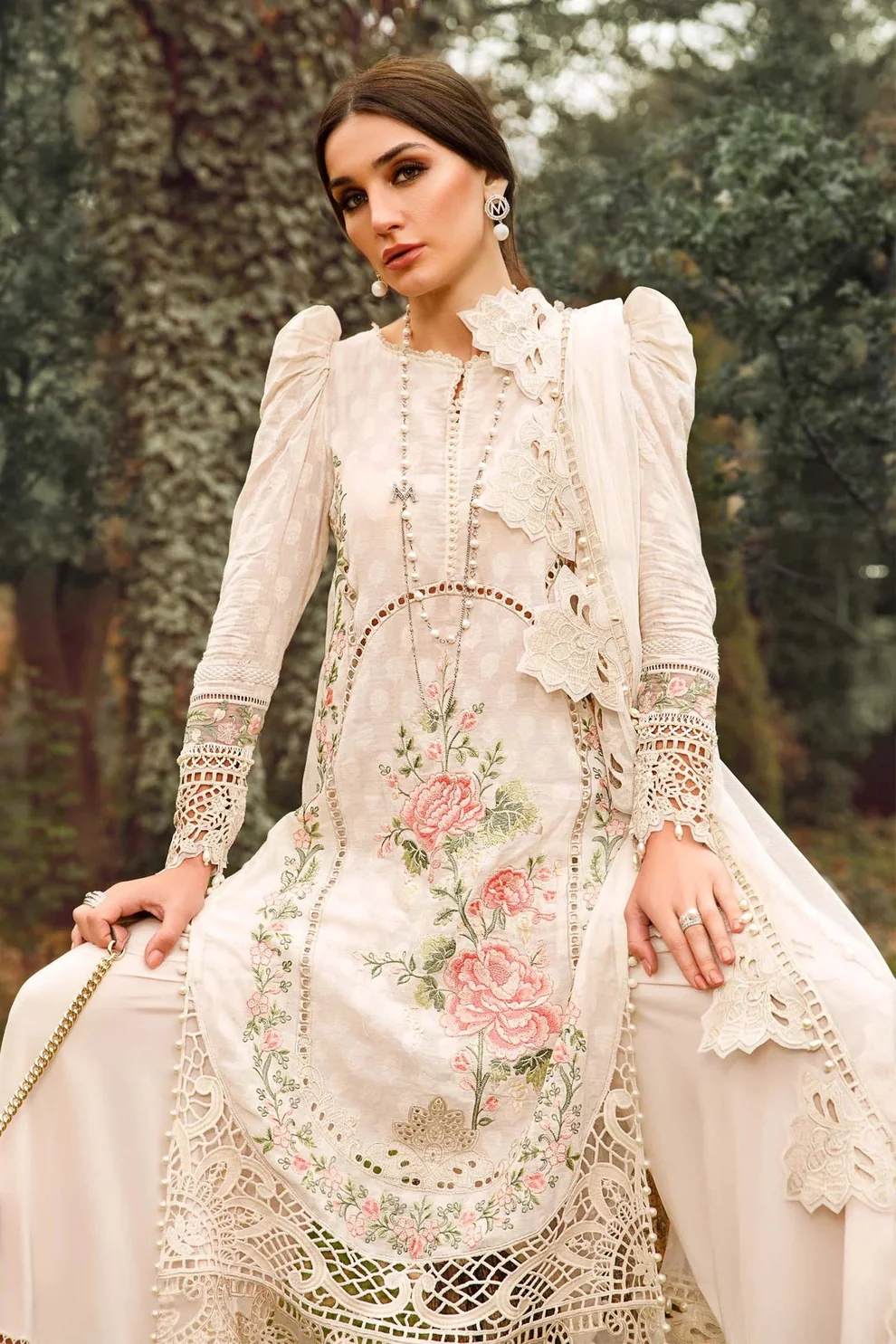 Maria B off white chikankari embroidered luxury lawn 3-piece suit summer 2026