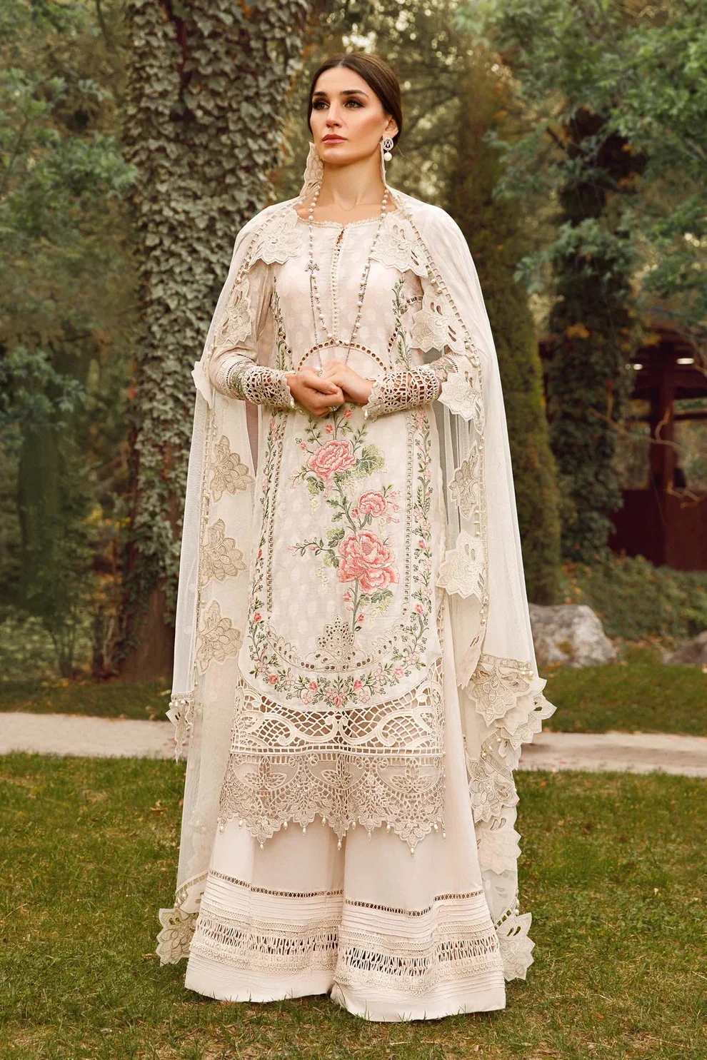 Maria B off white chikankari embroidered luxury lawn 3-piece suit summer 2026