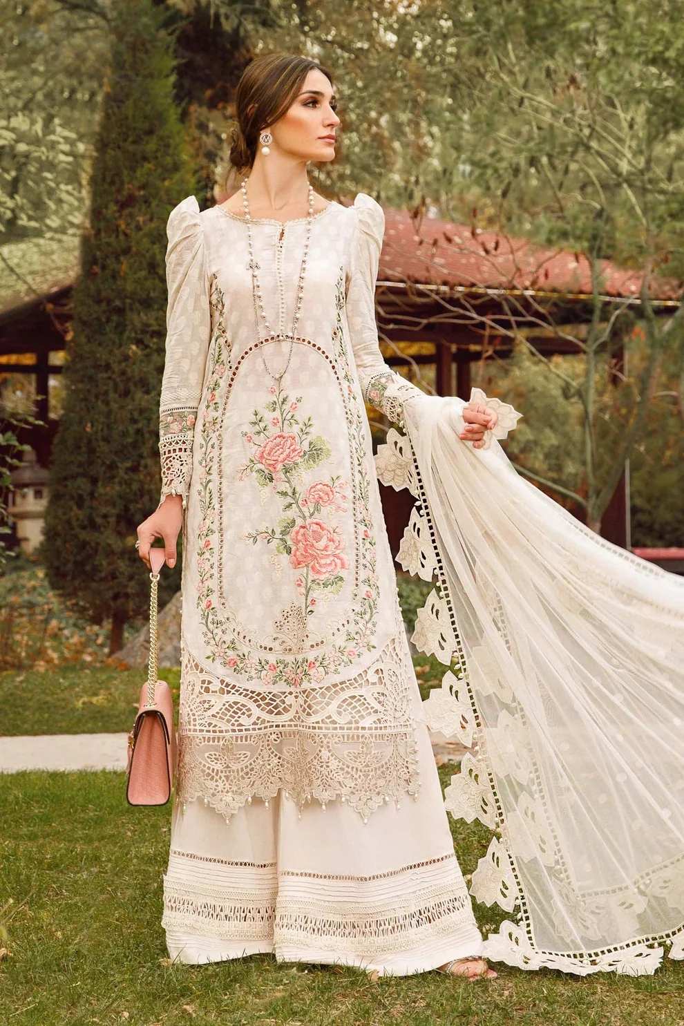 Maria B off white chikankari embroidered luxury lawn 3-piece suit summer 2026
