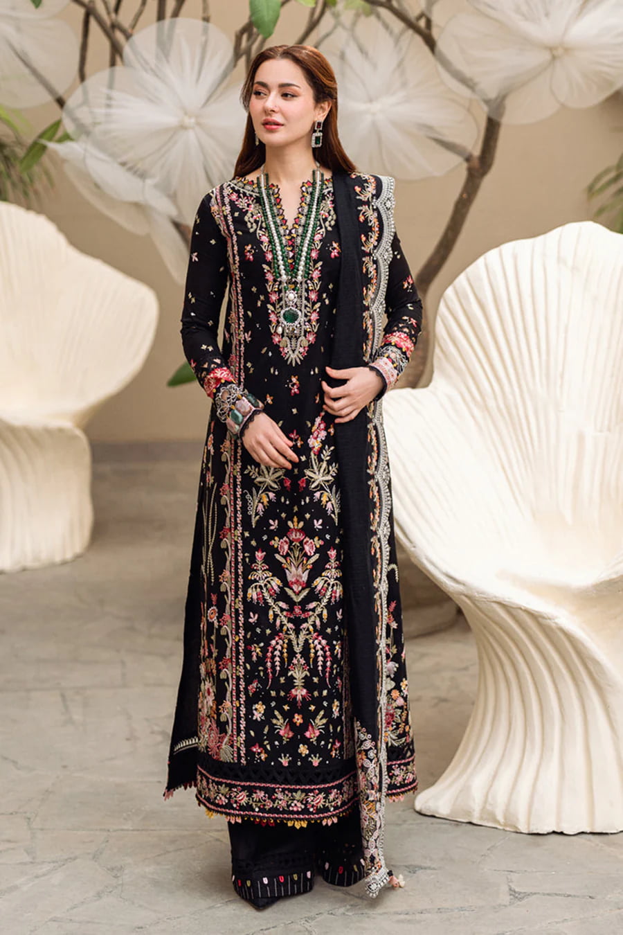 black chicken kari embroidered lawn suit with cotton silk dupatta