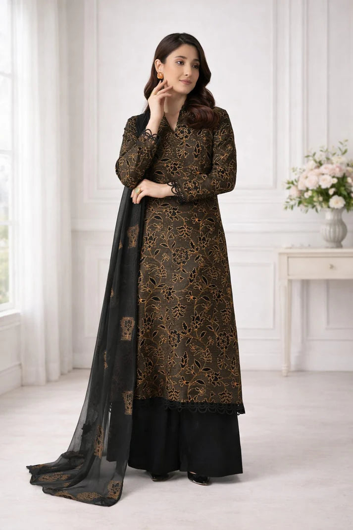 Bareeze heavy embroidered black gold lawn 3-piece suit summer 2026