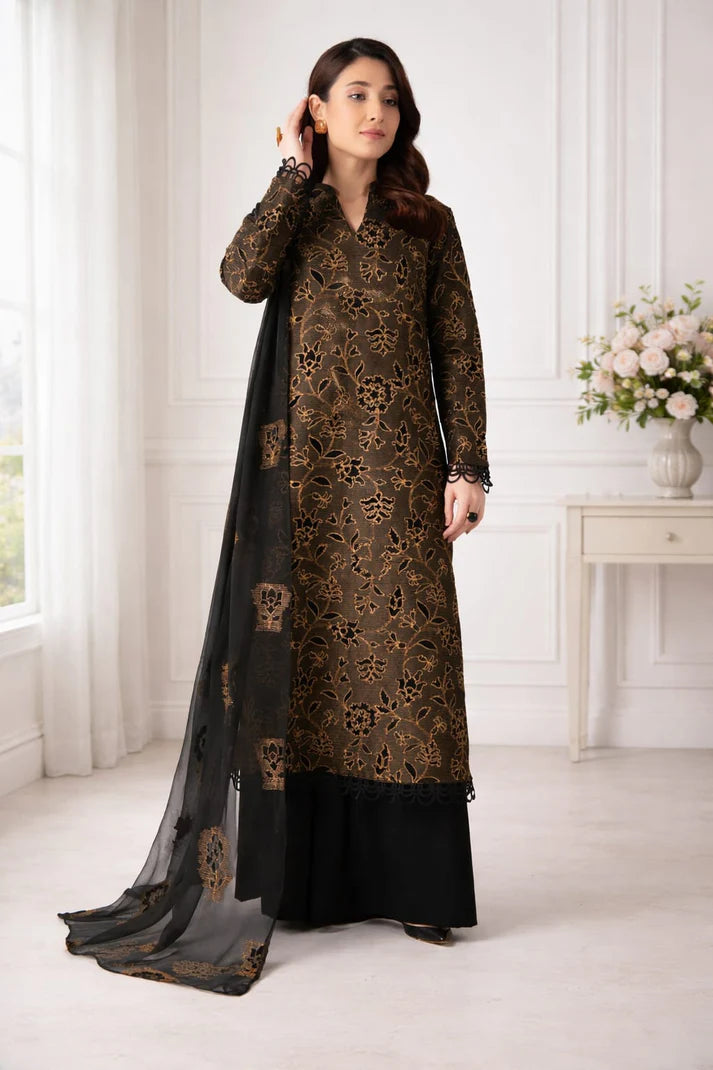 Bareeze heavy embroidered black gold lawn 3-piece suit summer 2026