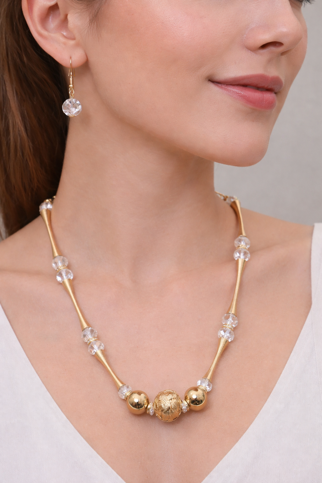 Elegant Gold-Tone Crystal Beaded Necklace Set for Women | Lightweight Party Jewelry