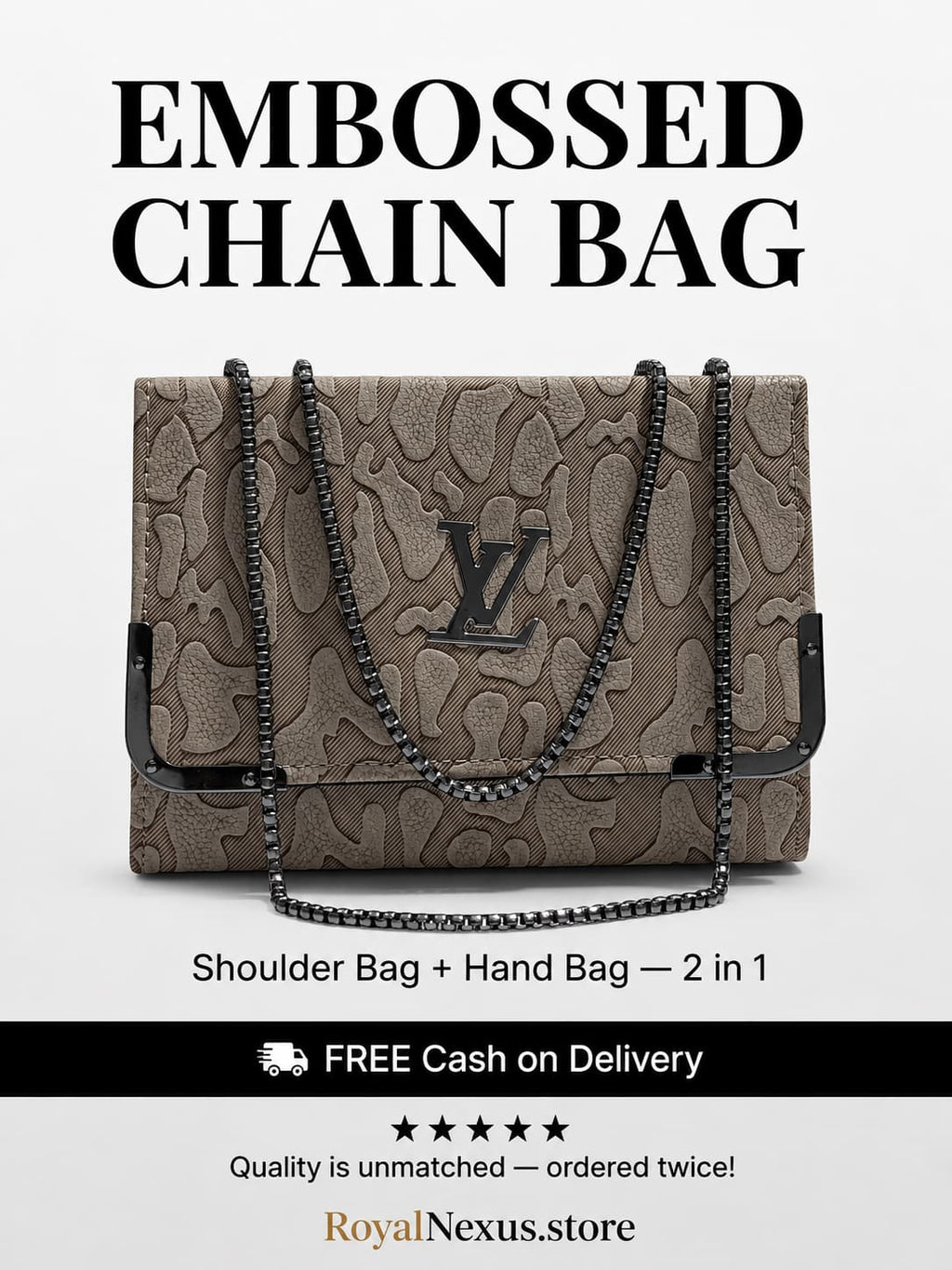 Khaki beige embossed flap chain shoulder bag for women luxury style 2 in 1 black gunmetal chain handbag 2026 Royal Nexus