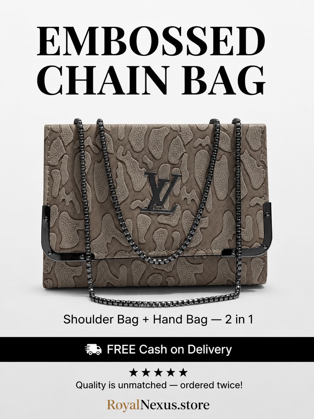 Khaki beige embossed flap chain shoulder bag for women luxury style 2 in 1 black gunmetal chain handbag 2026 Royal Nexus