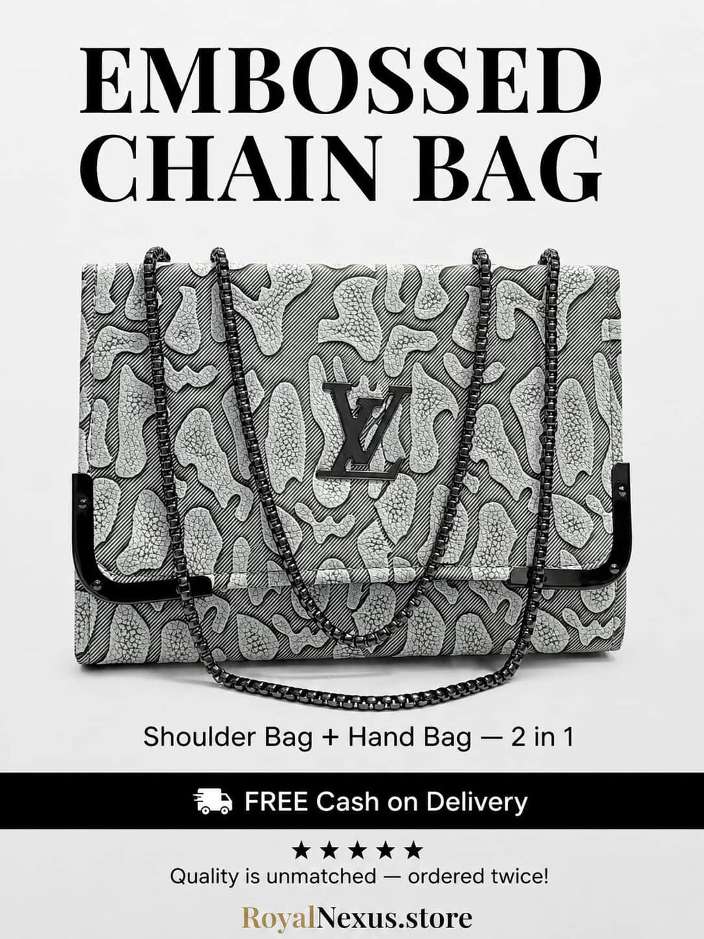 Grey white embossed flap chain shoulder bag for women luxury style 2 in 1 black gunmetal chain handbag 2026 Royal Nexus
