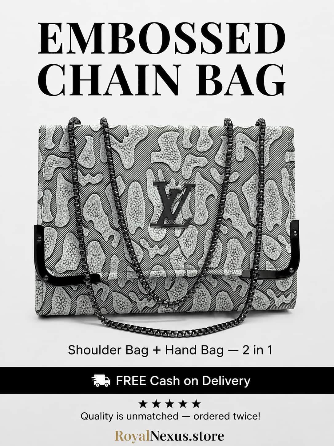Grey white embossed flap chain shoulder bag for women luxury style 2 in 1 black gunmetal chain handbag 2026 Royal Nexus