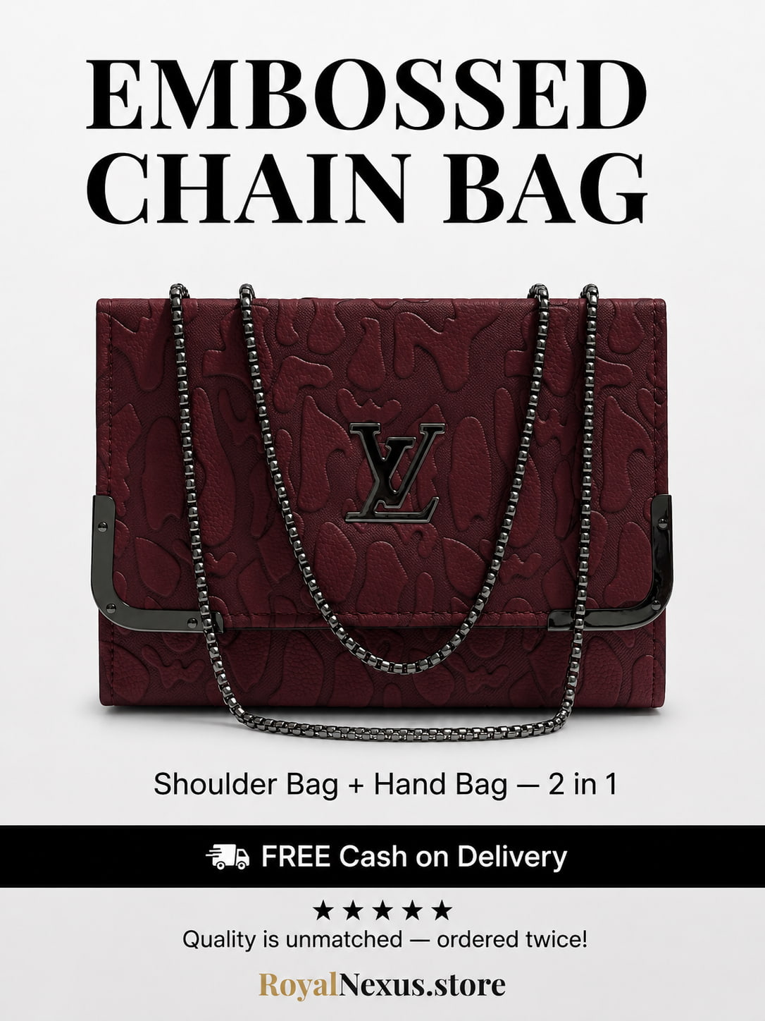 Burgundy wine maroon embossed flap chain shoulder bag for women luxury style 2 in 1 gunmetal chain handbag 2026 Royal Nexus