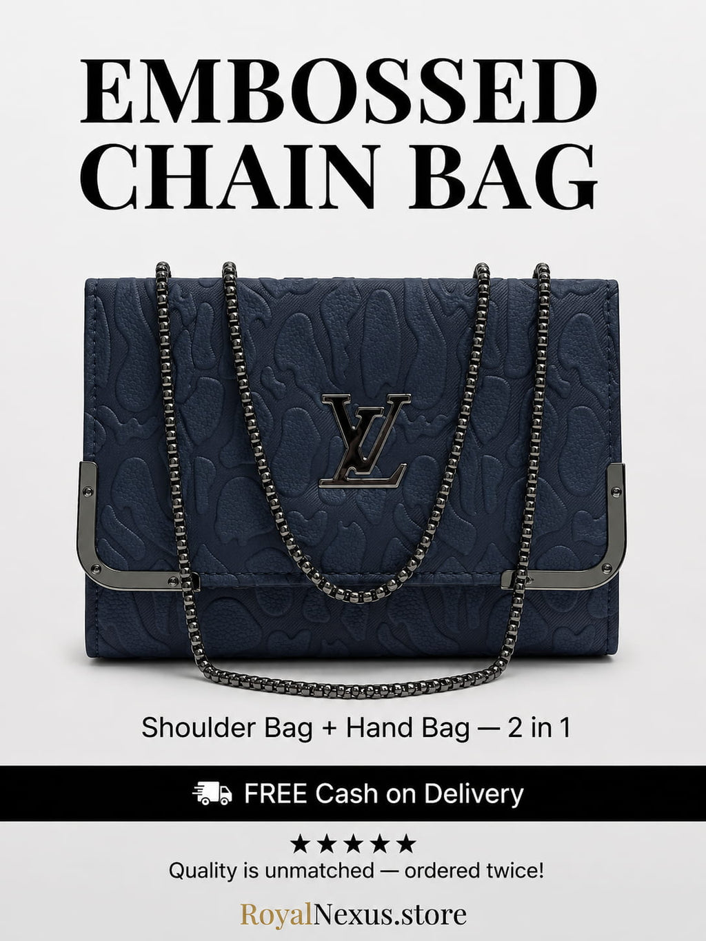Navy blue midnight embossed flap chain shoulder bag for women luxury style 2 in 1 gunmetal chain handbag 2026 Royal Nexus