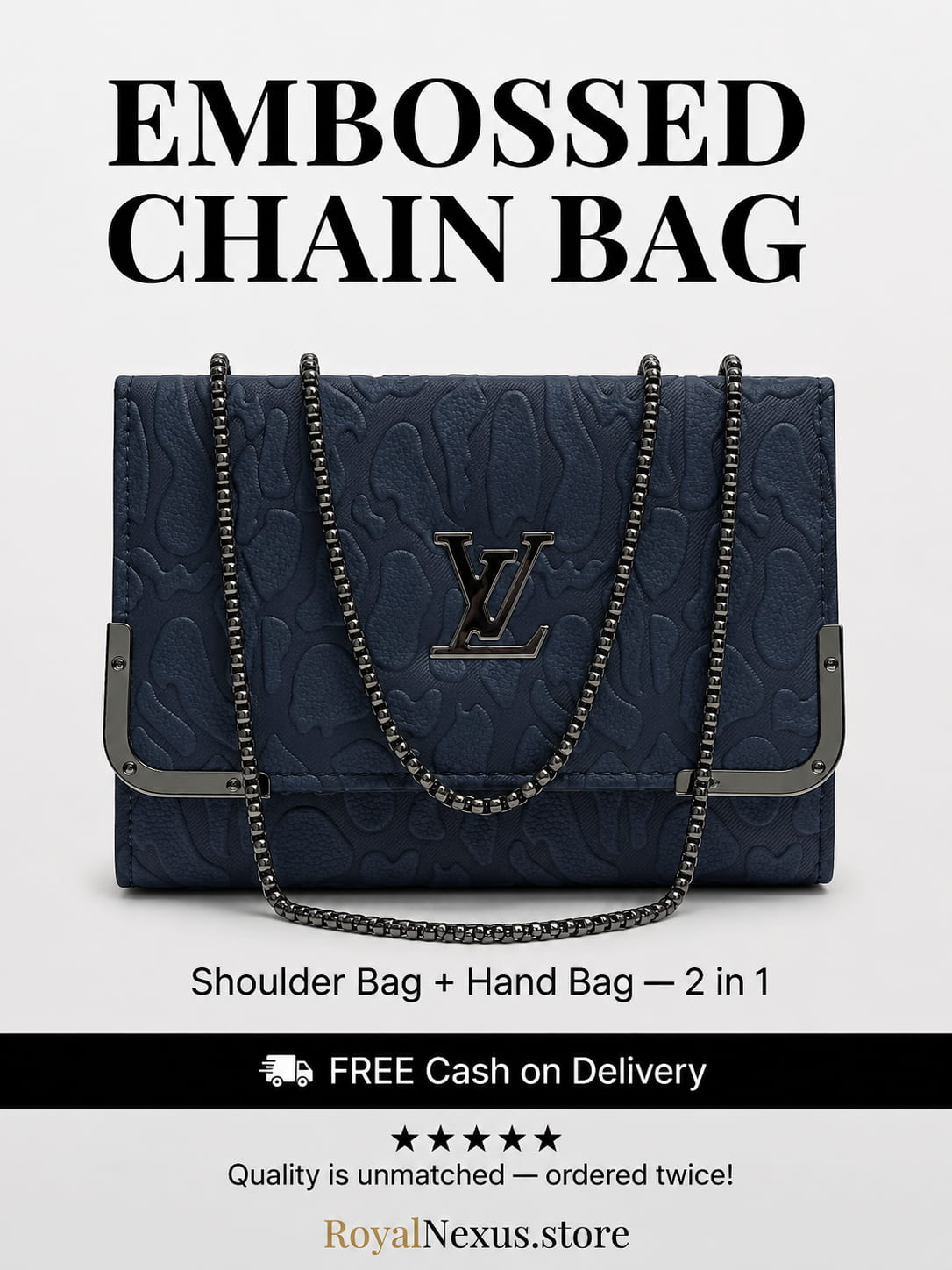 Navy blue midnight embossed flap chain shoulder bag for women luxury style 2 in 1 gunmetal chain handbag 2026 Royal Nexus