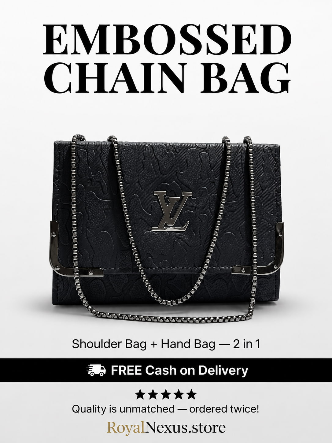 Black embossed flap chain shoulder bag for women luxury style 2 in 1 silver gunmetal chain handbag 2026 Royal Nexus