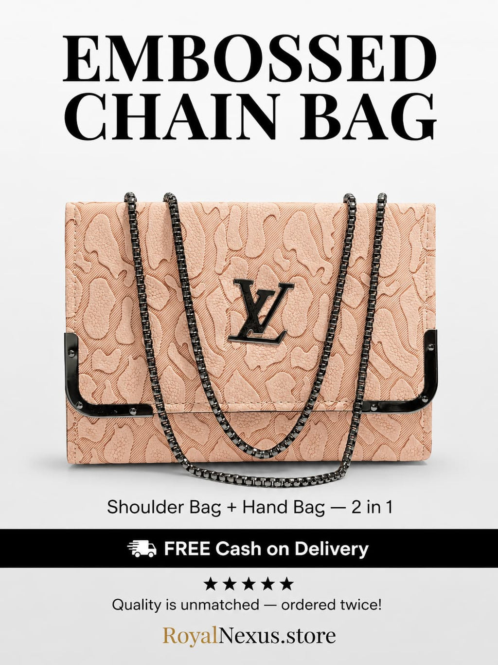 Blush pink peach embossed flap chain shoulder bag for women luxury style 2 in 1 black gunmetal chain handbag 2026 Royal Nexus
