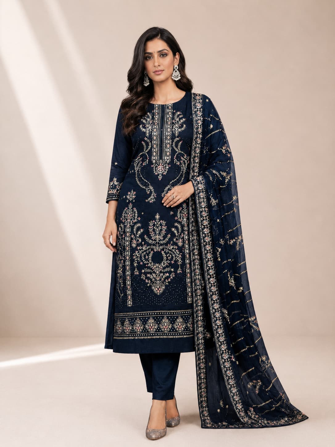 Navy Blue Embroidered Lawn Suit With Designer Embroidered Dupatta