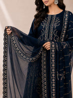 Navy Blue Embroidered Lawn Suit With Designer Embroidered Dupatta