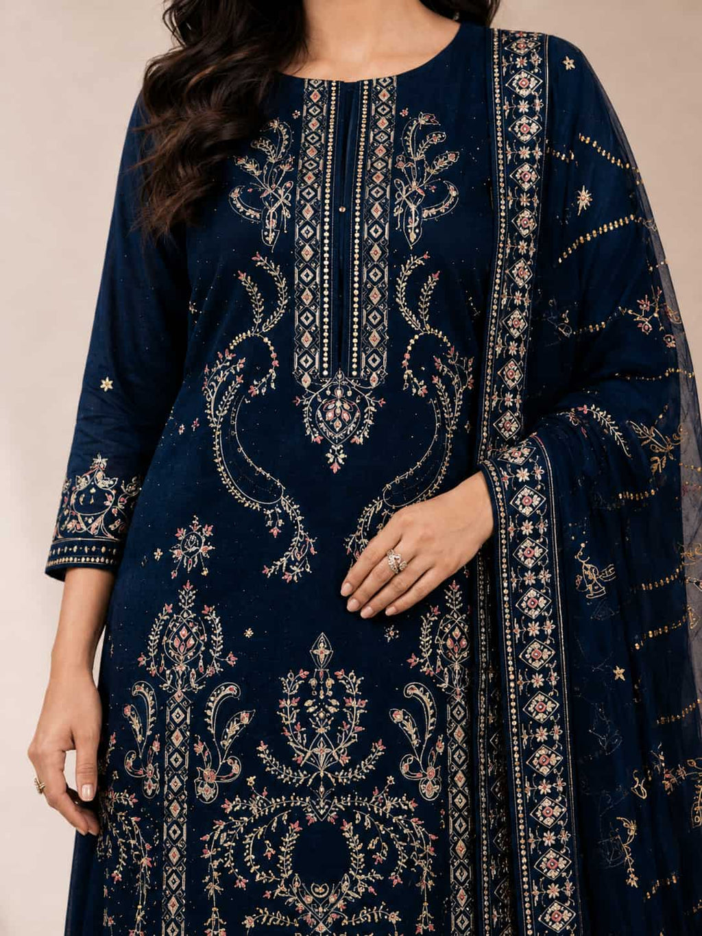 Navy Blue Embroidered Lawn Suit With Designer Embroidered Dupatta