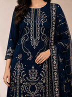 Navy Blue Embroidered Lawn Suit With Designer Embroidered Dupatta