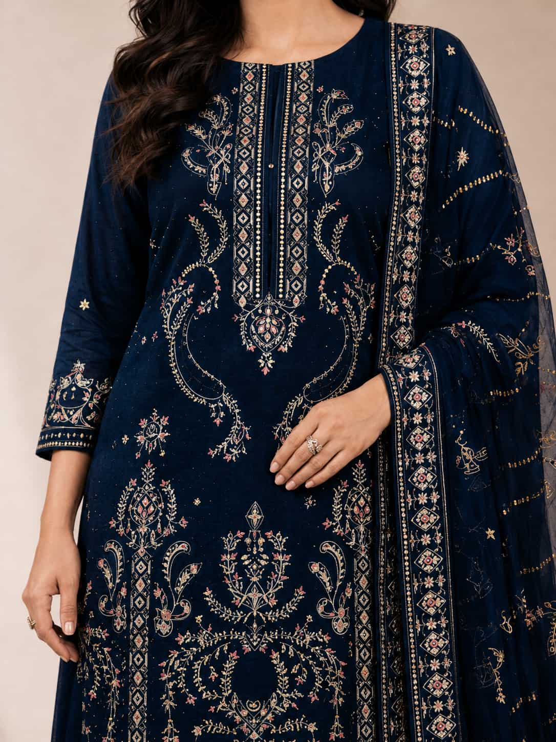 Navy Blue Embroidered Lawn Suit With Designer Embroidered Dupatta