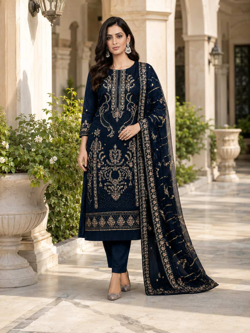 Navy Blue Embroidered Lawn Suit With Designer Embroidered Dupatta