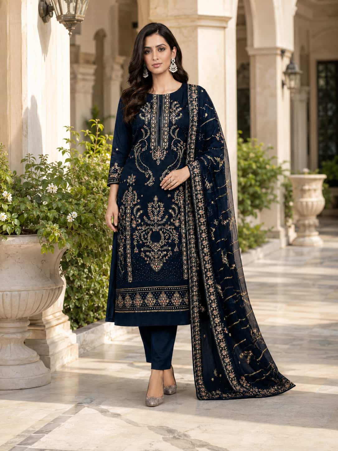 Navy Blue Embroidered Lawn Suit With Designer Embroidered Dupatta