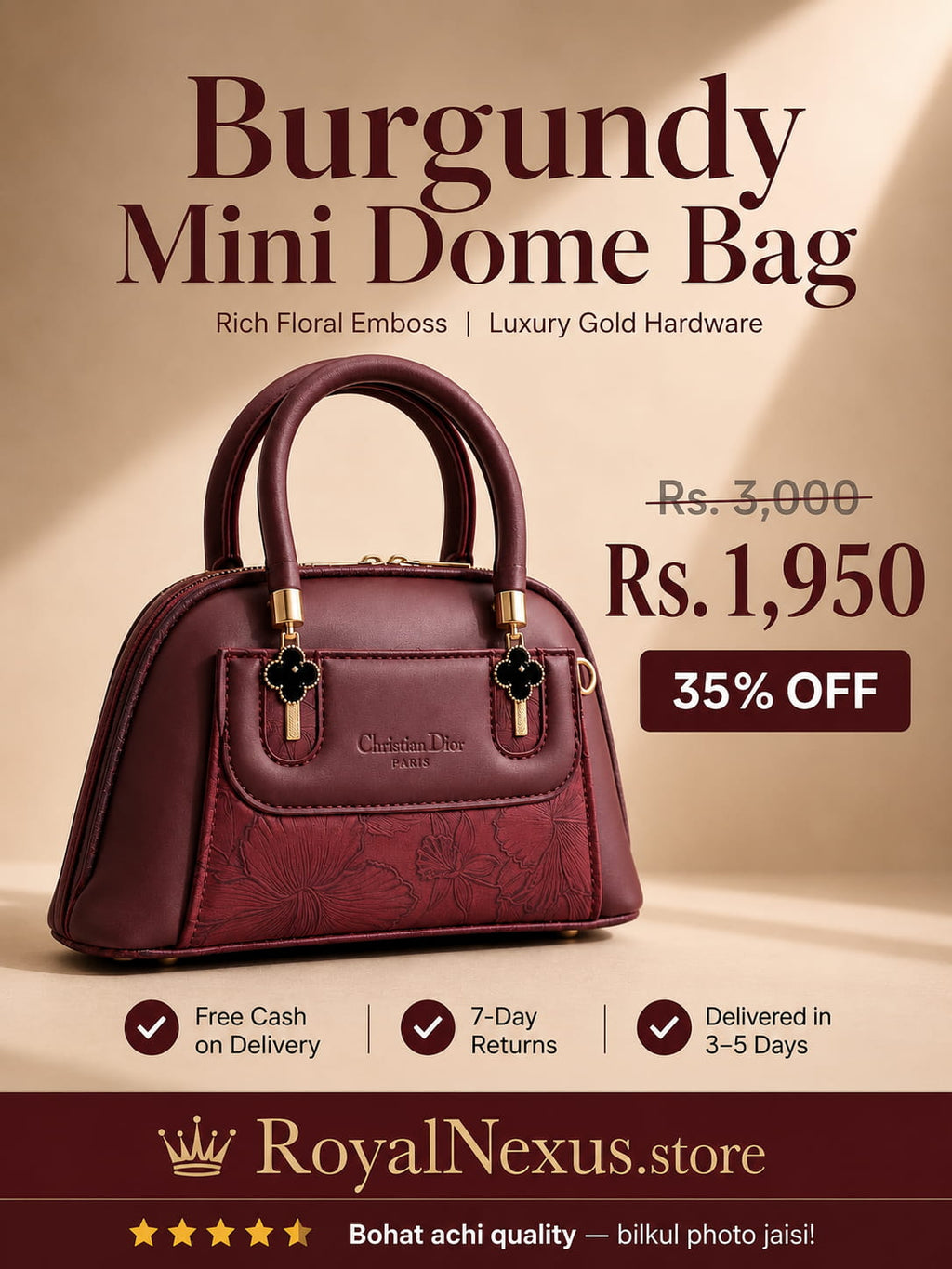 Burgundy wine maroon mini dome bowling bag for women with floral emboss detail gold hardware and black clover charm top handle luxury style 2026