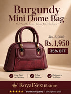 Burgundy wine maroon mini dome bowling bag for women with floral emboss detail gold hardware and black clover charm top handle luxury style 2026