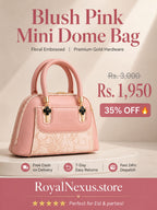 Blush pink rose mini dome bowling bag for women with floral emboss detail gold hardware and clover charm top handle luxury style 2026