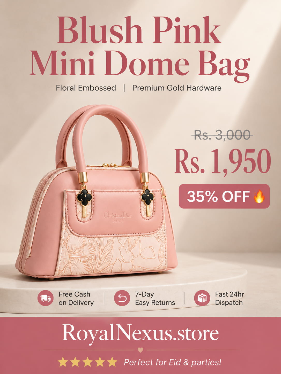 Blush pink rose mini dome bowling bag for women with floral emboss detail gold hardware and clover charm top handle luxury style 2026