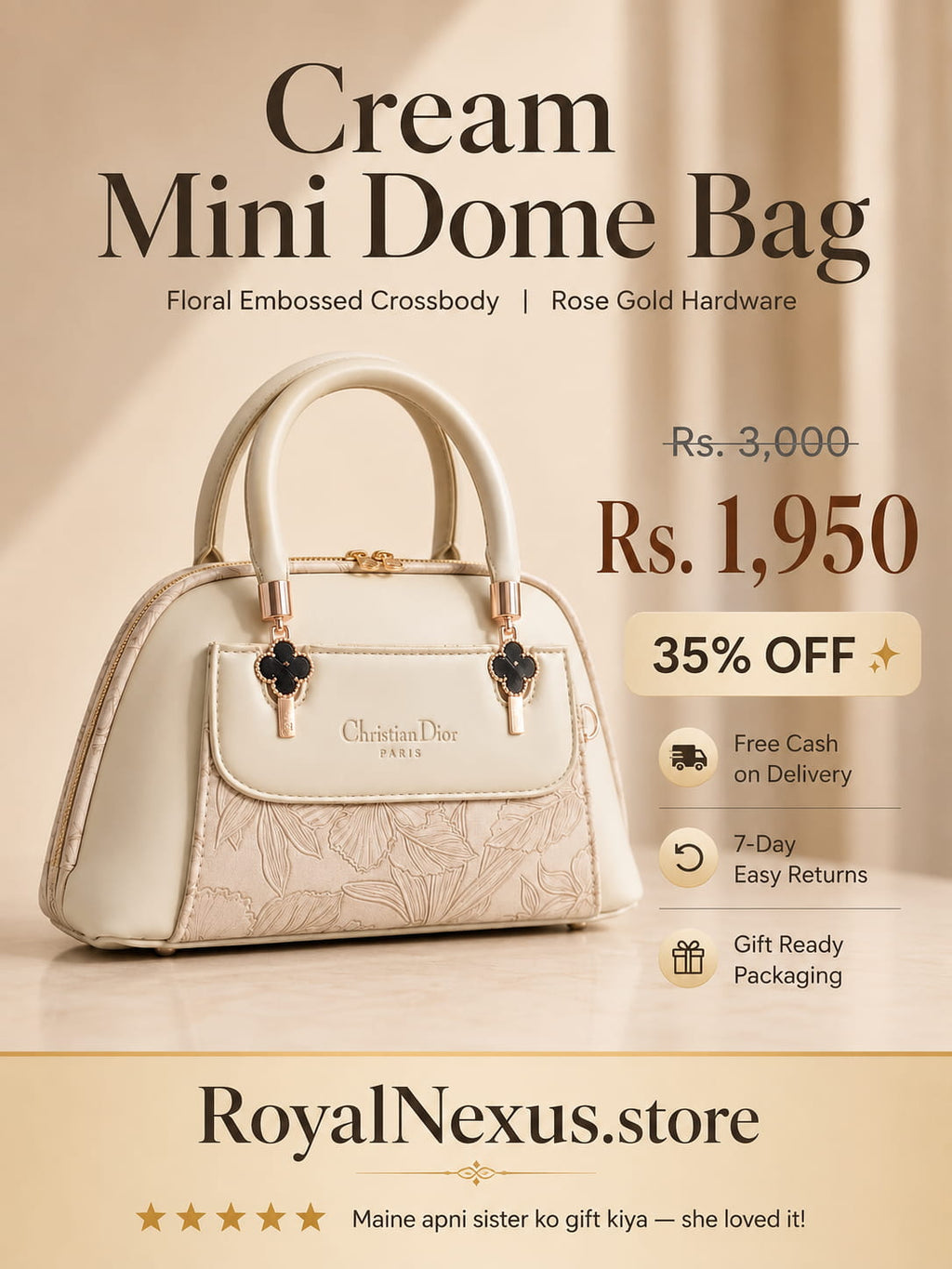 Cream off white mini dome bag for women with floral emboss detail rose gold hardware black clover charm detachable crossbody strap luxury style 2026