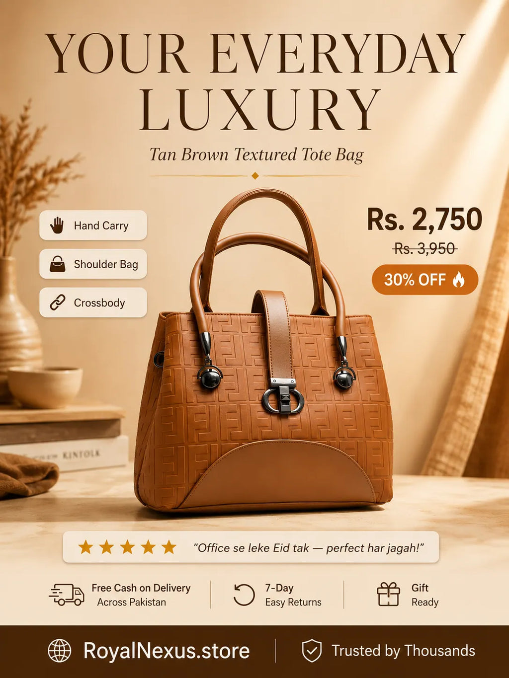 Tan brown camel textured structured tote bag for women with dual top handles and detachable crossbody strap luxury style 2026