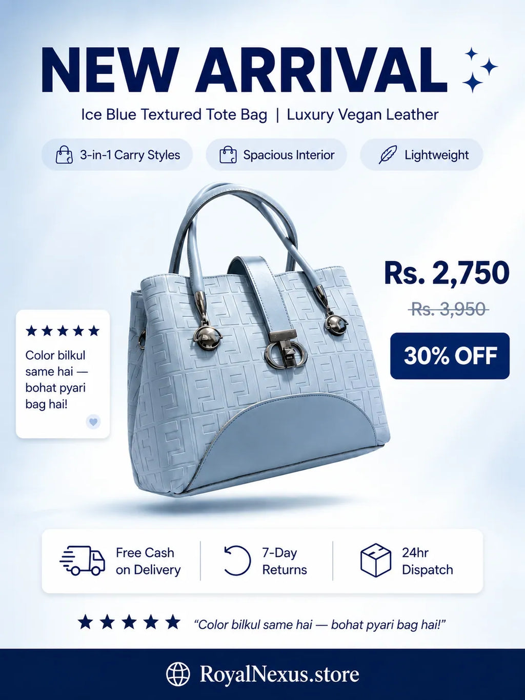 Ice blue textured structured tote bag for women with dual top handles and detachable crossbody strap luxury style 2026