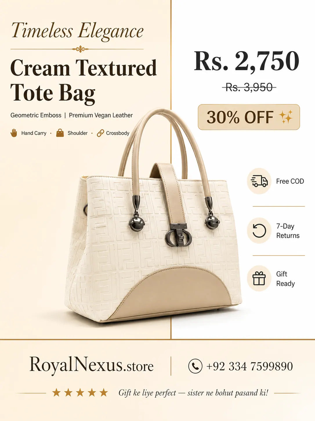 Cream Textured Tote Bag for Women | Structured Crossbody Handbag