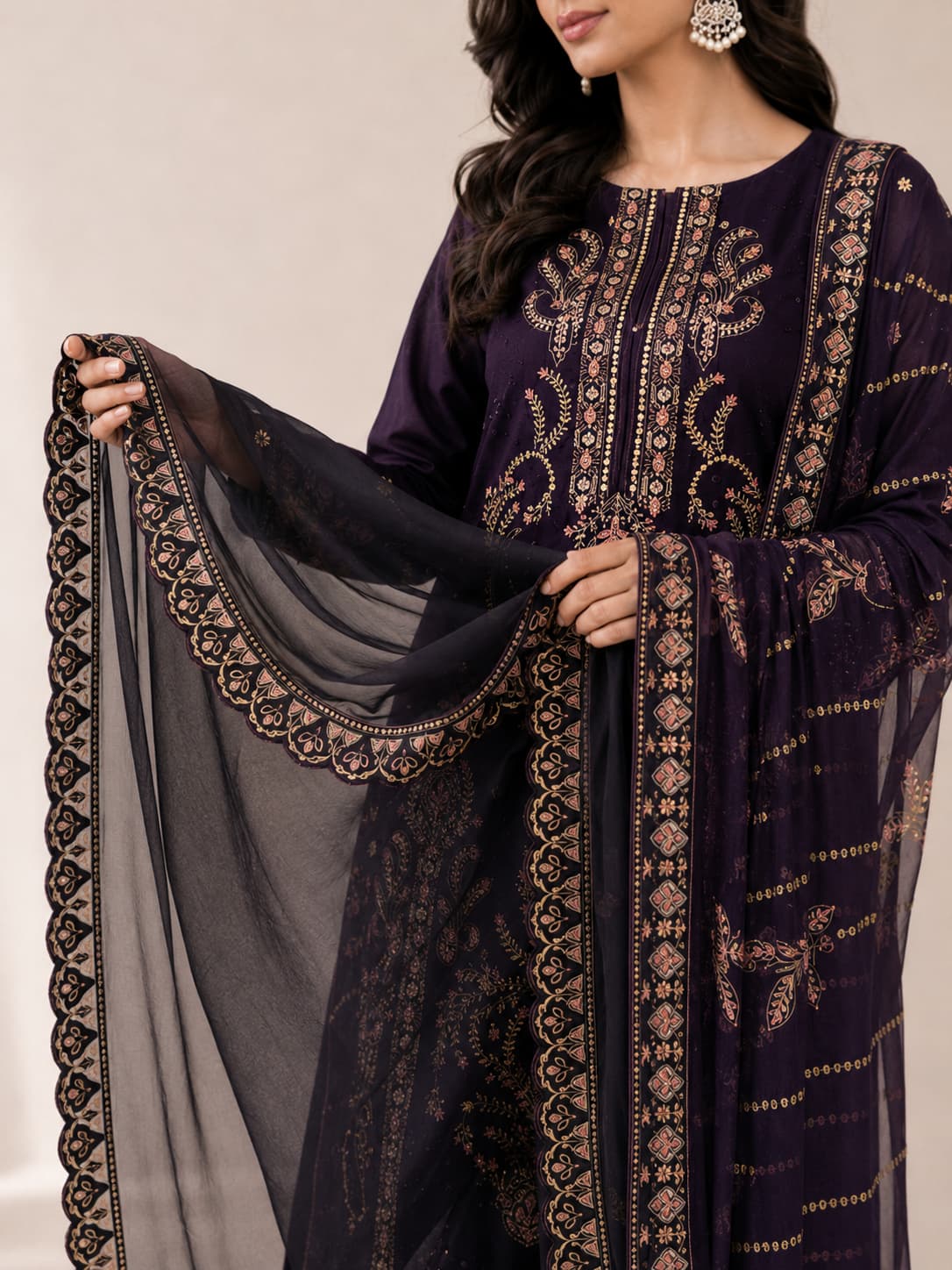 Plum Embroidered Lawn Suit with Elegant Printed Dupatta