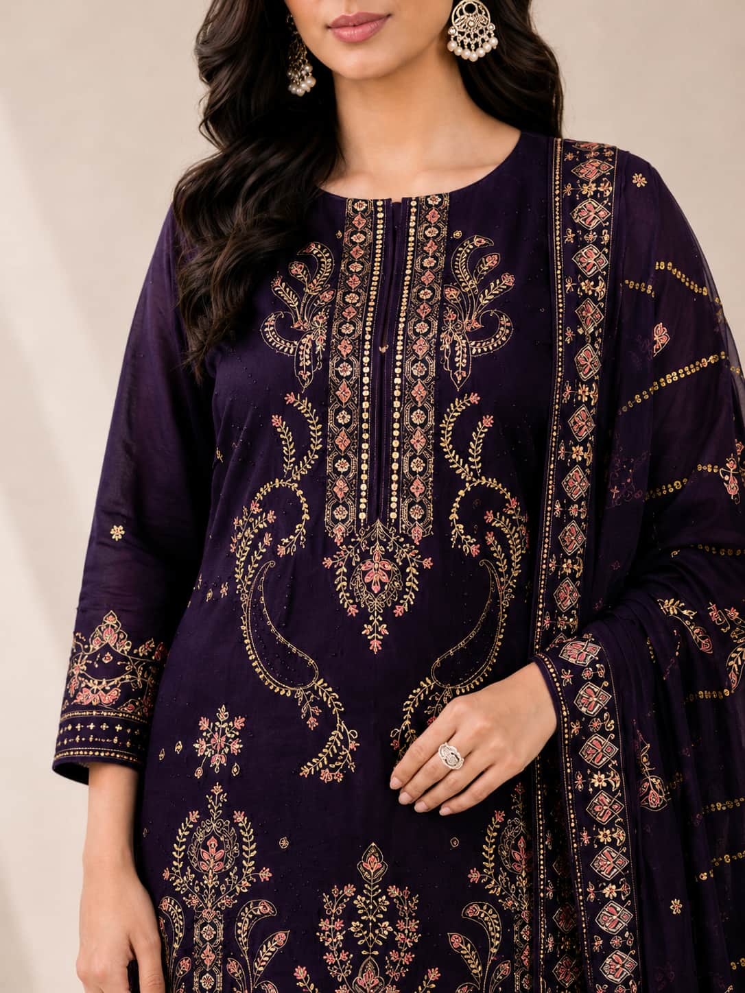 Plum Embroidered Lawn Suit with Elegant Printed Dupatta