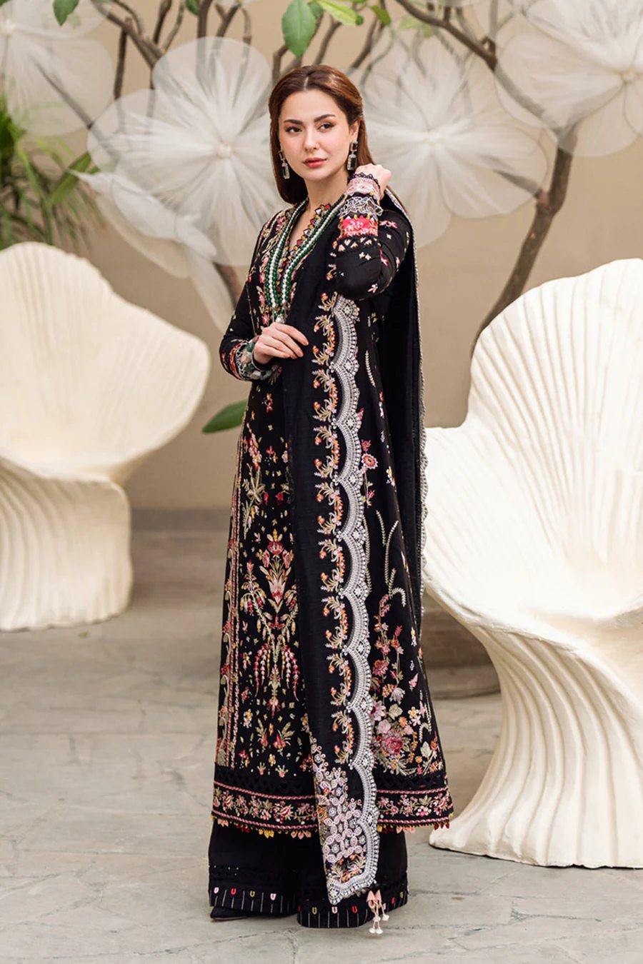 black chicken kari embroidered lawn suit with cotton silk dupatta