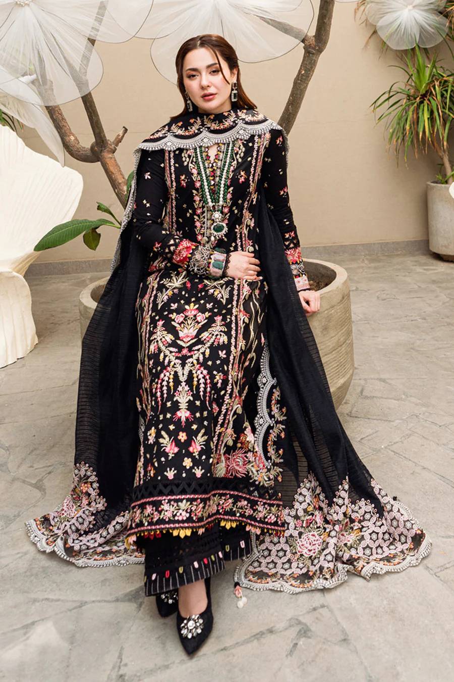 black chicken kari embroidered lawn suit with cotton silk dupatta