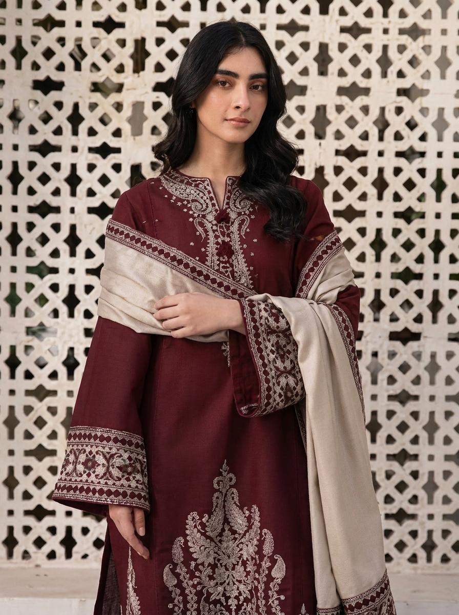 Heavy Embroidered Lawn 3PC | Jazmin Summer Collection | Maroon | 2026