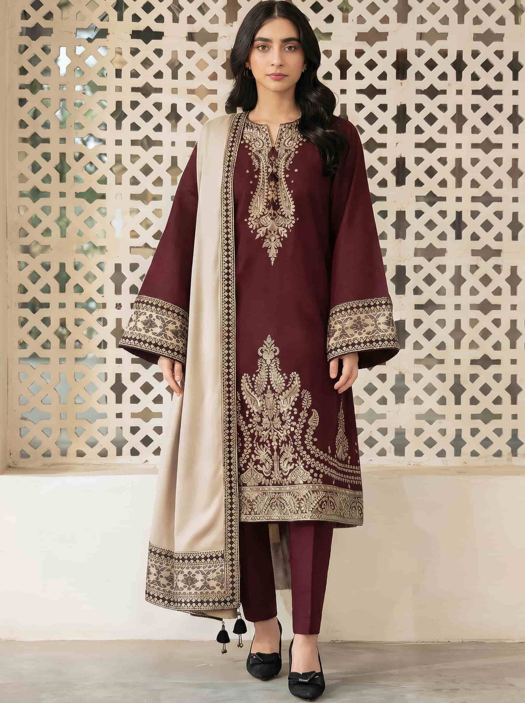 Heavy Embroidered Lawn 3PC | Jazmin Summer Collection | Maroon | 2026