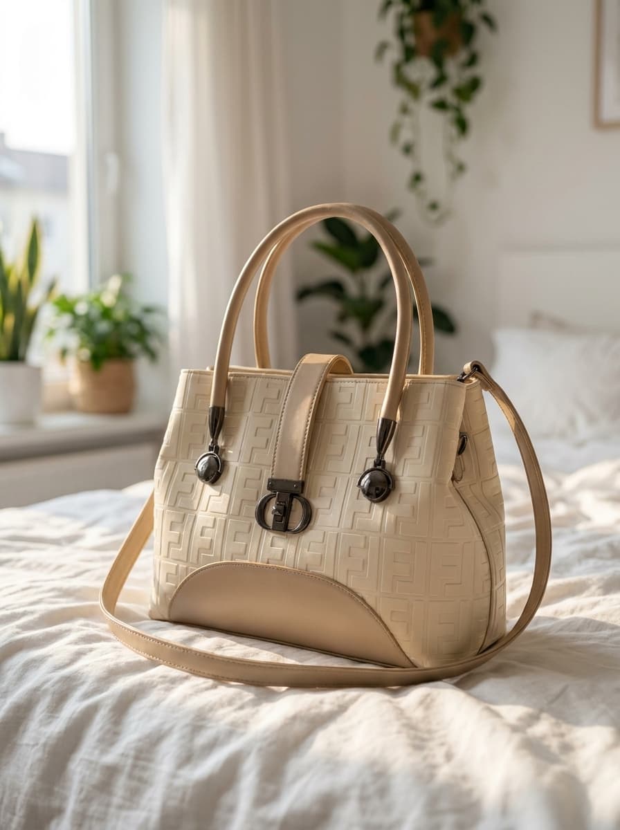 Cream textured structured tote bag for women with dual top handles and detachable crossbody strap luxury style 2026