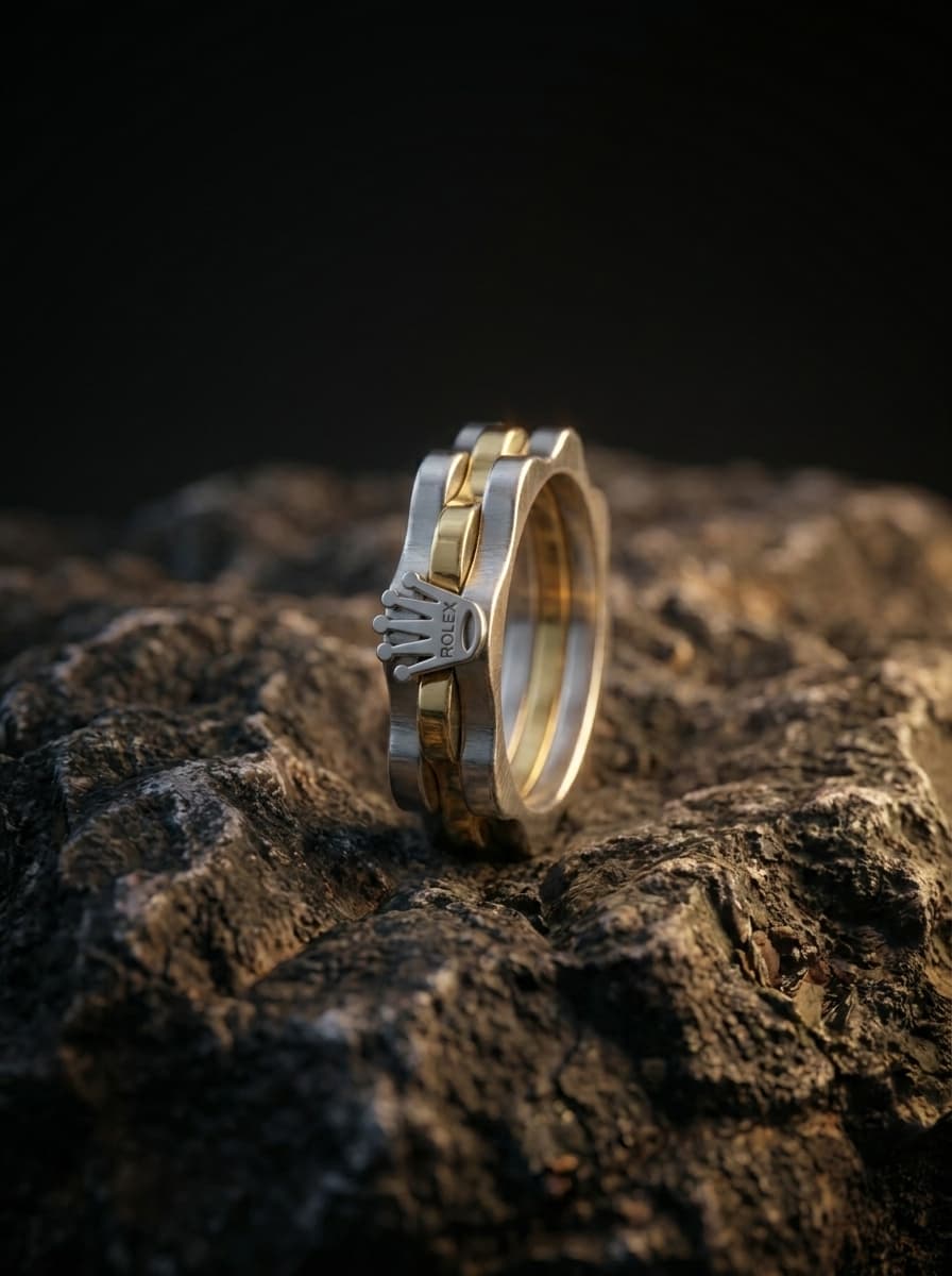 Crown link band ring for men two tone silver gold stainless steel luxury 2026