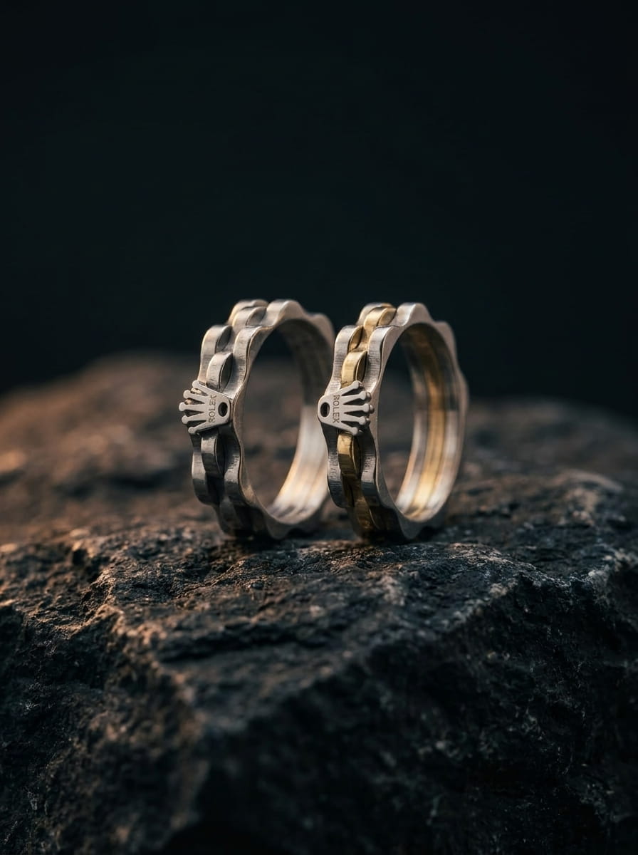 Crown link band ring for men two tone silver gold stainless steel luxury 2026