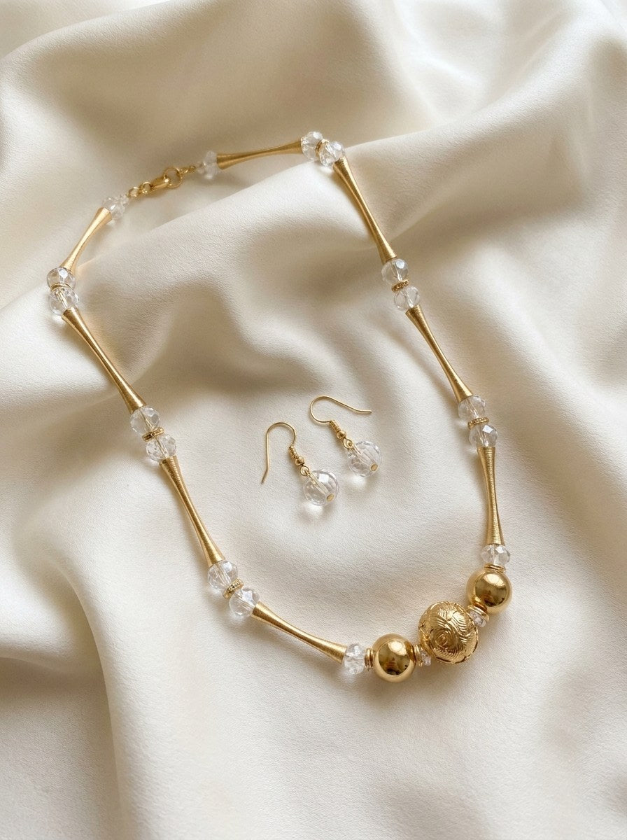 Elegant Gold-Tone Crystal Beaded Necklace Set for Women | Lightweight Party Jewelry