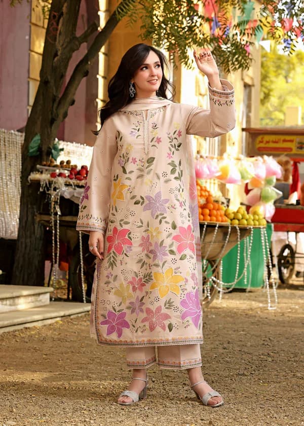 Floral Embroidered Lawn 3 Piece Suit with Printed Dupatta
