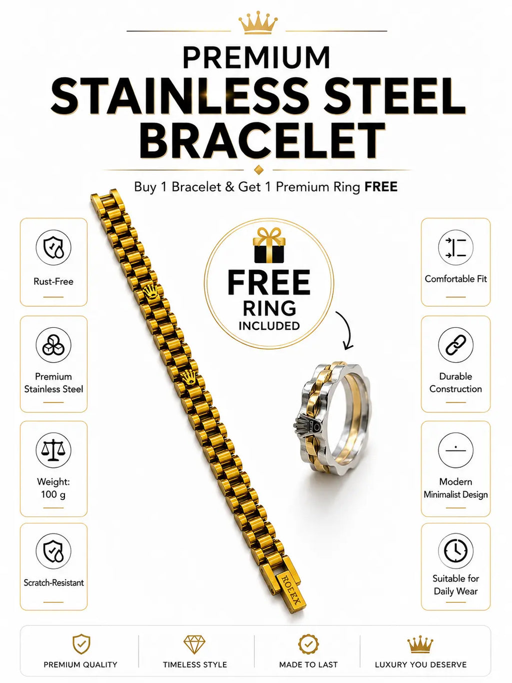 Premium gold and black stainless steel chain-link bracelet for men with free crown-design ring