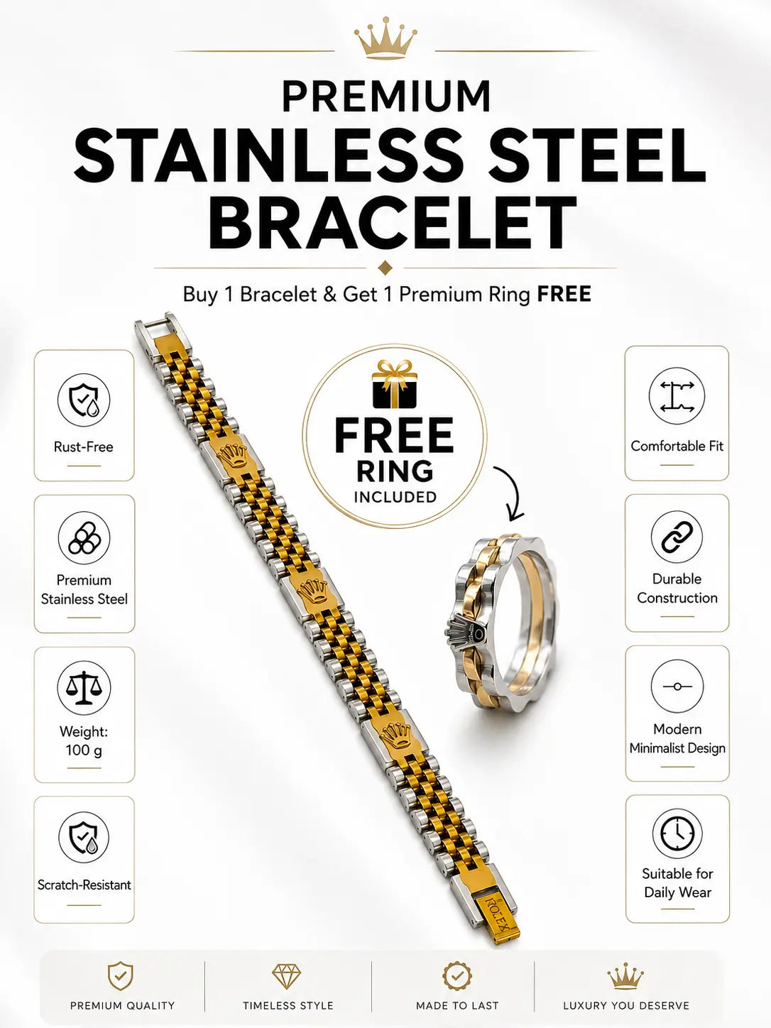Two-tone gold and silver stainless steel bracelet for men with matching premium ring gift