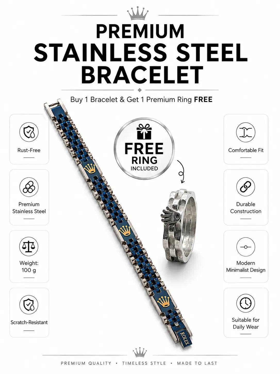 Blue and silver stainless steel chain bracelet for men with free premium ring included