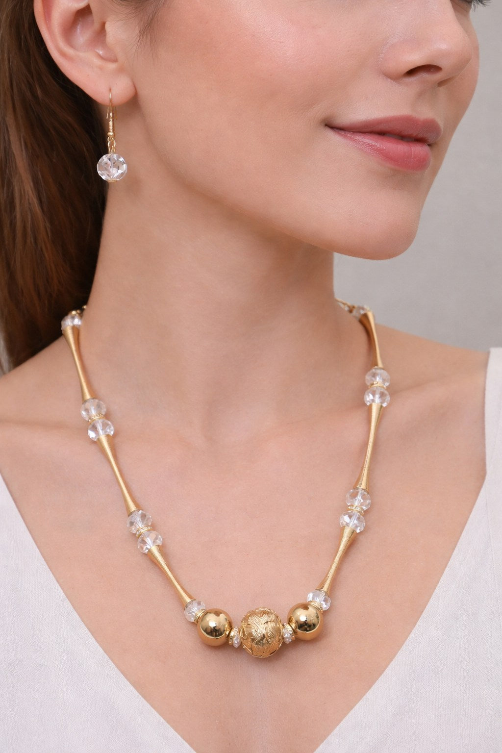 Gold-Tone Crystal Beaded Necklace and Earrings Set for Women