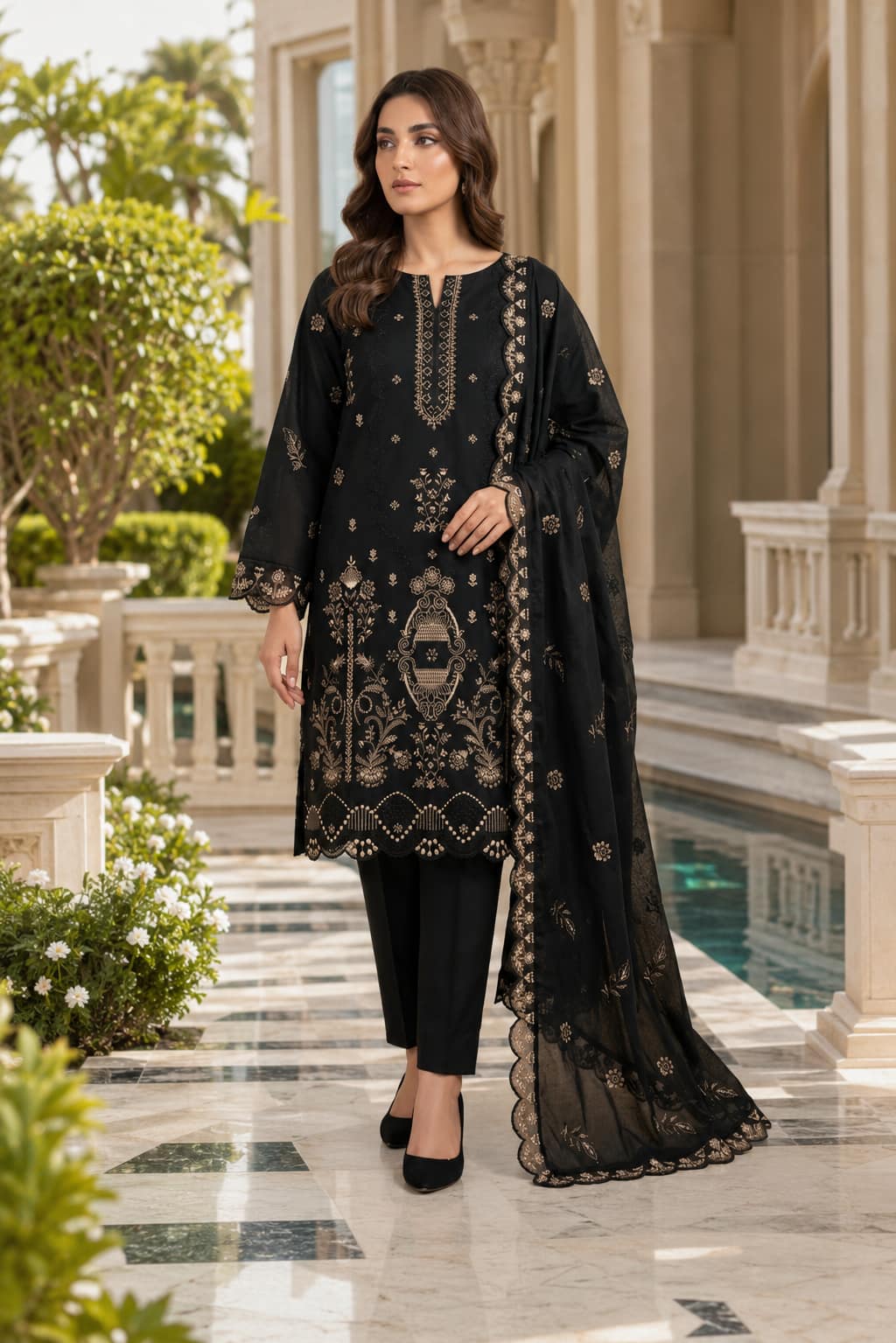 Black Embroidered 3 Piece Suit With Embroidered Chiffon Dupatta