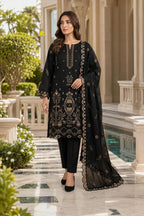 Black Embroidered 3 Piece Suit With Embroidered Chiffon Dupatta