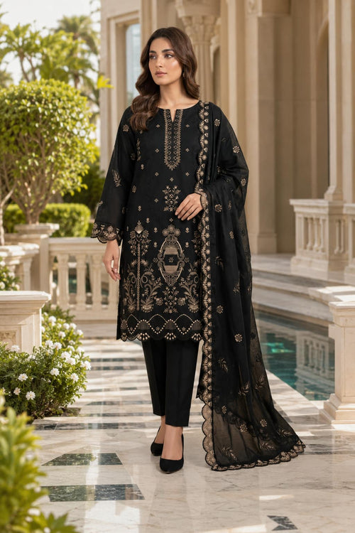 Black Embroidered 3 Piece Suit With Embroidered Chiffon Dupatta