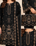 Black Embroidered 3 Piece Suit With Embroidered Chiffon Dupatta